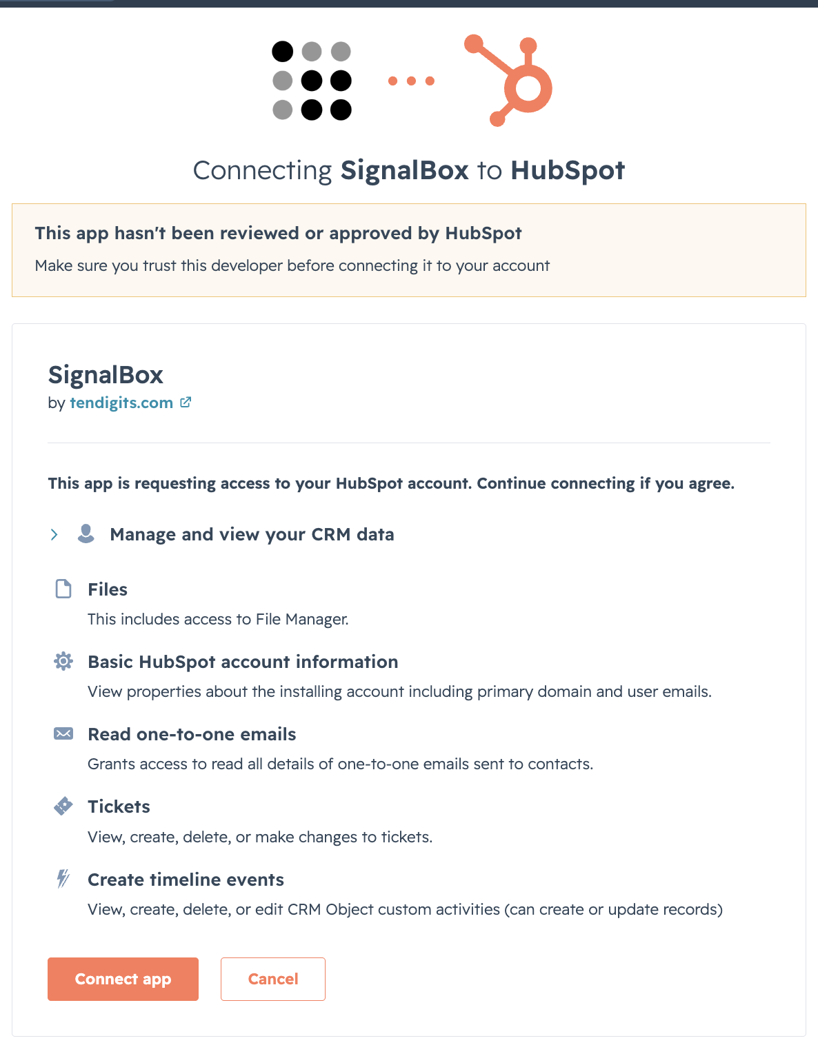 HubSpot OAuth scope approval screen