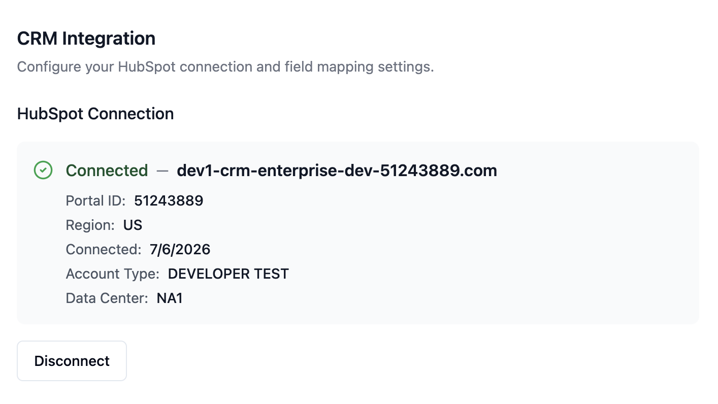 SignalBox showing HubSpot connected with portal ID and region