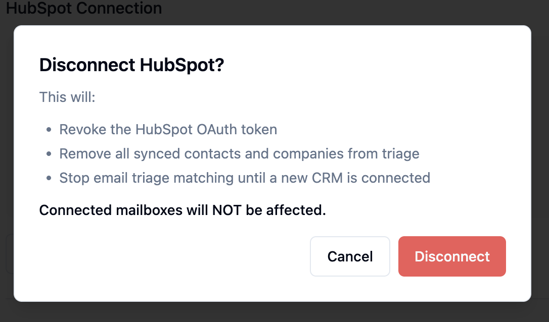SignalBox disconnect dialog under Settings → CRM