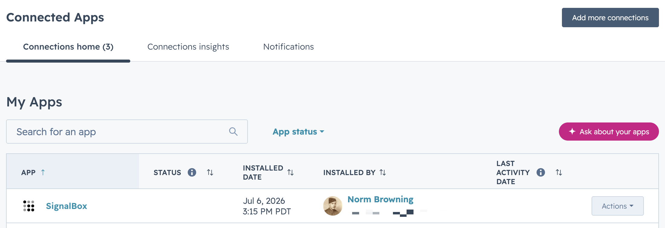 HubSpot Connected Apps page with SignalBox Uninstall
